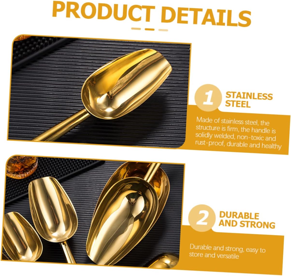 2pcs Ice Scoop for Freezer Stainless Steel Bar Ice Scoop Ergonomic Handle for Candy Pet Food Dried Fruits
