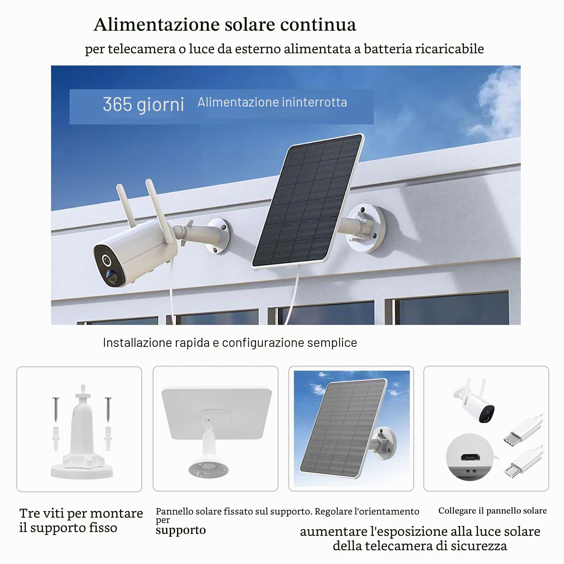 Pannello Solare da 6W per Telecamera di Sorveglianza,Pannello Solare USB per Telecamera di Sicurezza DC 5V a Batteria Ricaricabile,Campanello e Illuminazione Esterna cavo IP65 da 3m,Staffa Regolabile