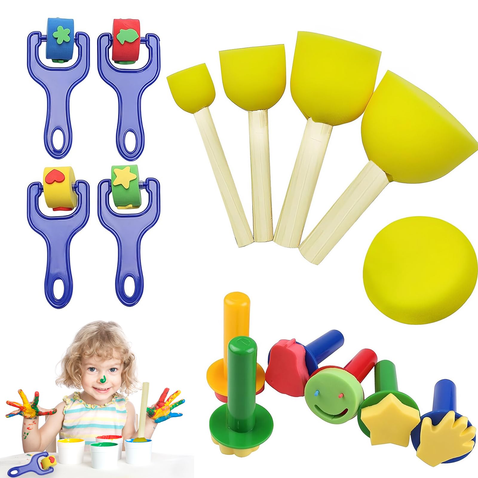Paint Sponges Set, 15 PCS Sponge Brush Reusable Foam Brush Kids Sponge Paint Brushes for Girls Boys DIY Hand Painting Tools