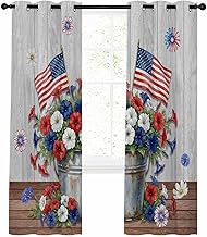 Independence Day Blackout Curtains 54 Inch Length U. S. Flag Red White Poppy Flowers Wood Grain Thermal Insulated Window Curtain Window Drapes 2 Panels for Bedroom Living Room 42" Wx54 L