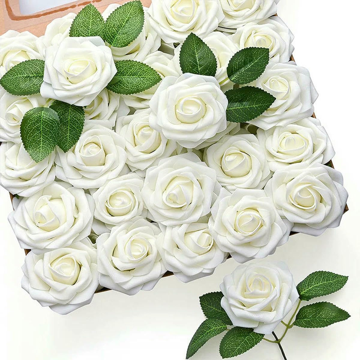 AYHTUD 10~100pcs Rose Artificial Flowers Foam Fake Roses Wedding Bouquets Centerpieces Mothers Day Valentines Party Decoration-White-15pcs no box leaves