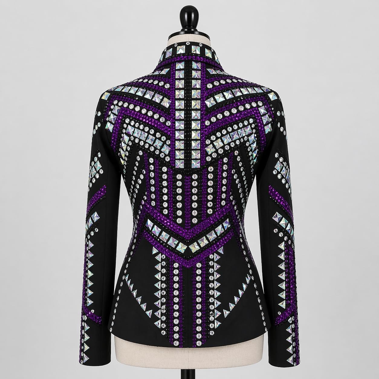 Women’s Western Show Jacket Black Purple – Equestrian Riding Coat with Crystal Geometric Design