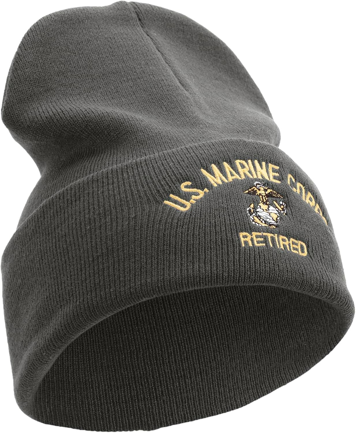 US Marine Corps Retired Logo Embroidered 12 Inch Solid Knit Cuff Long Beanie Made in USA