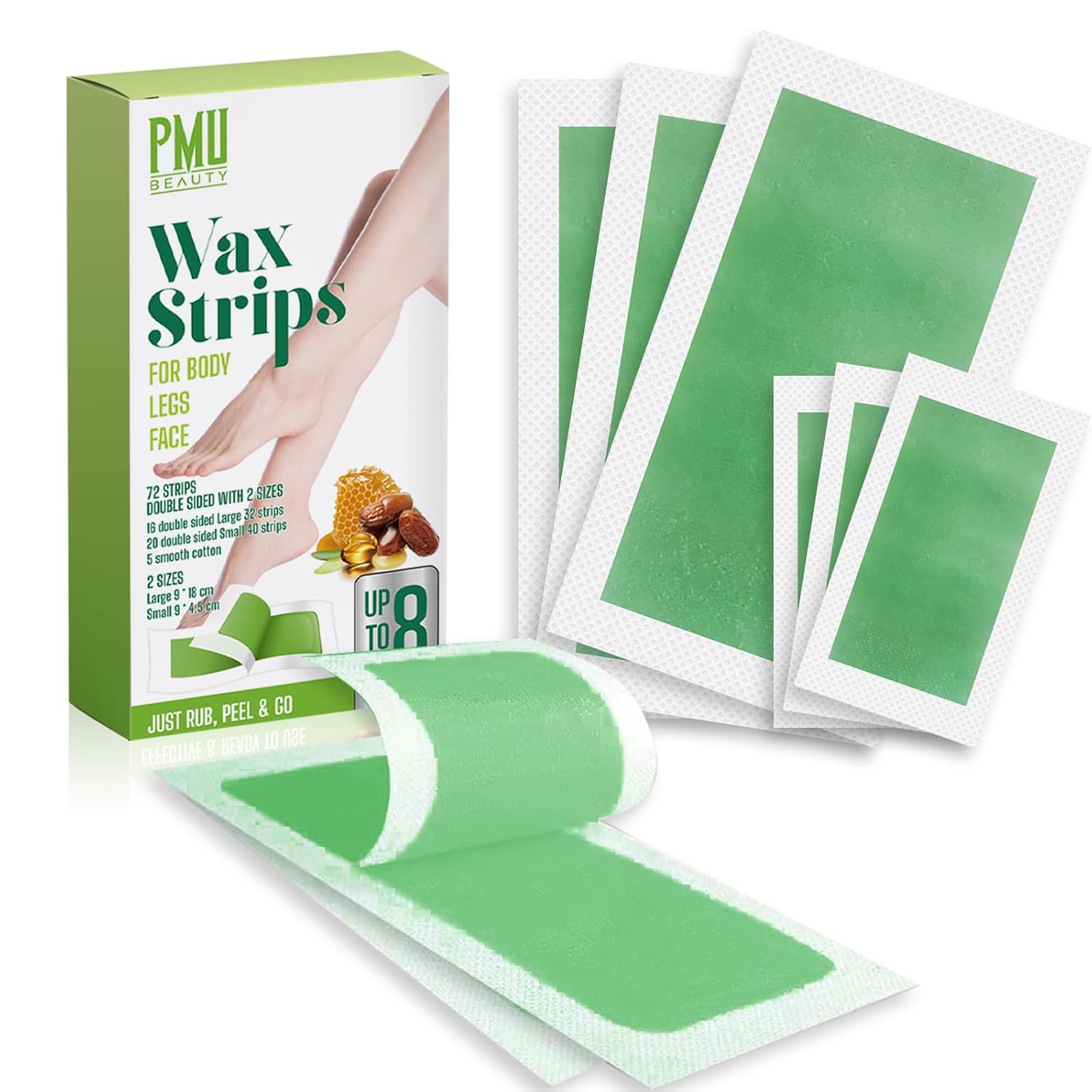 Hair Removal Kit 72 Counts 32 Body Wax Strips 40 Face Wax Strips Nature Formula Vegan Ingredients for Bikini & Brazilian, Waxing Face, Legs, Arms, Chest (2 Sizes, 5 Calming Oil Wipes)