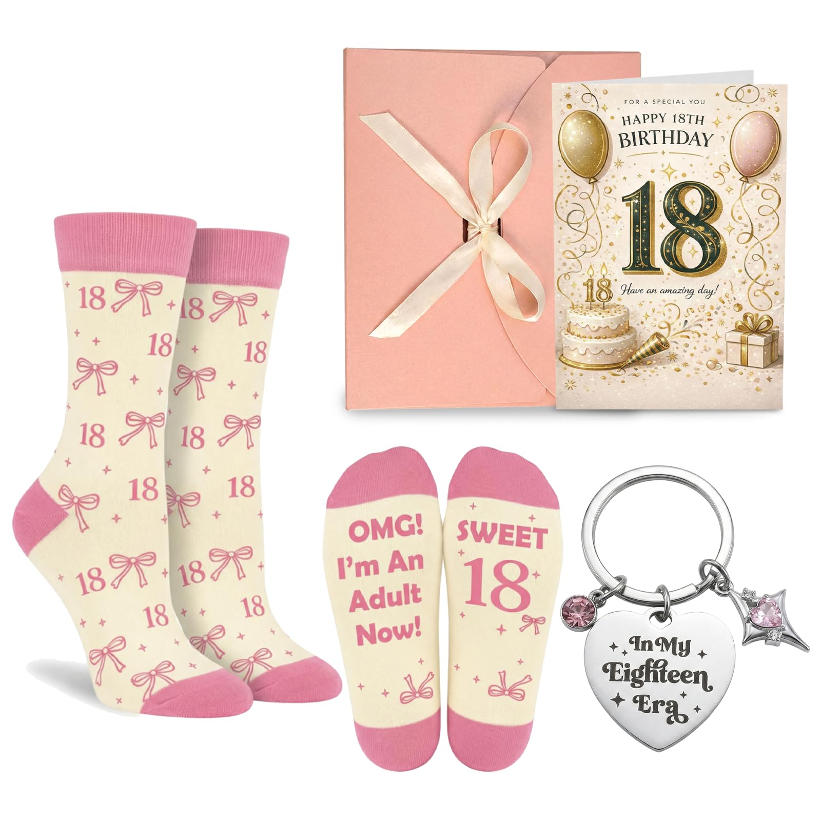Runovate Girls Pink 18Th Birthday Gift Set For Novelty Birthday Socks, In My Eighteen Era Keyring And 18Th Birthday Card, Sweet 18 Birthday Gift For Daughter, Sister Or Friend