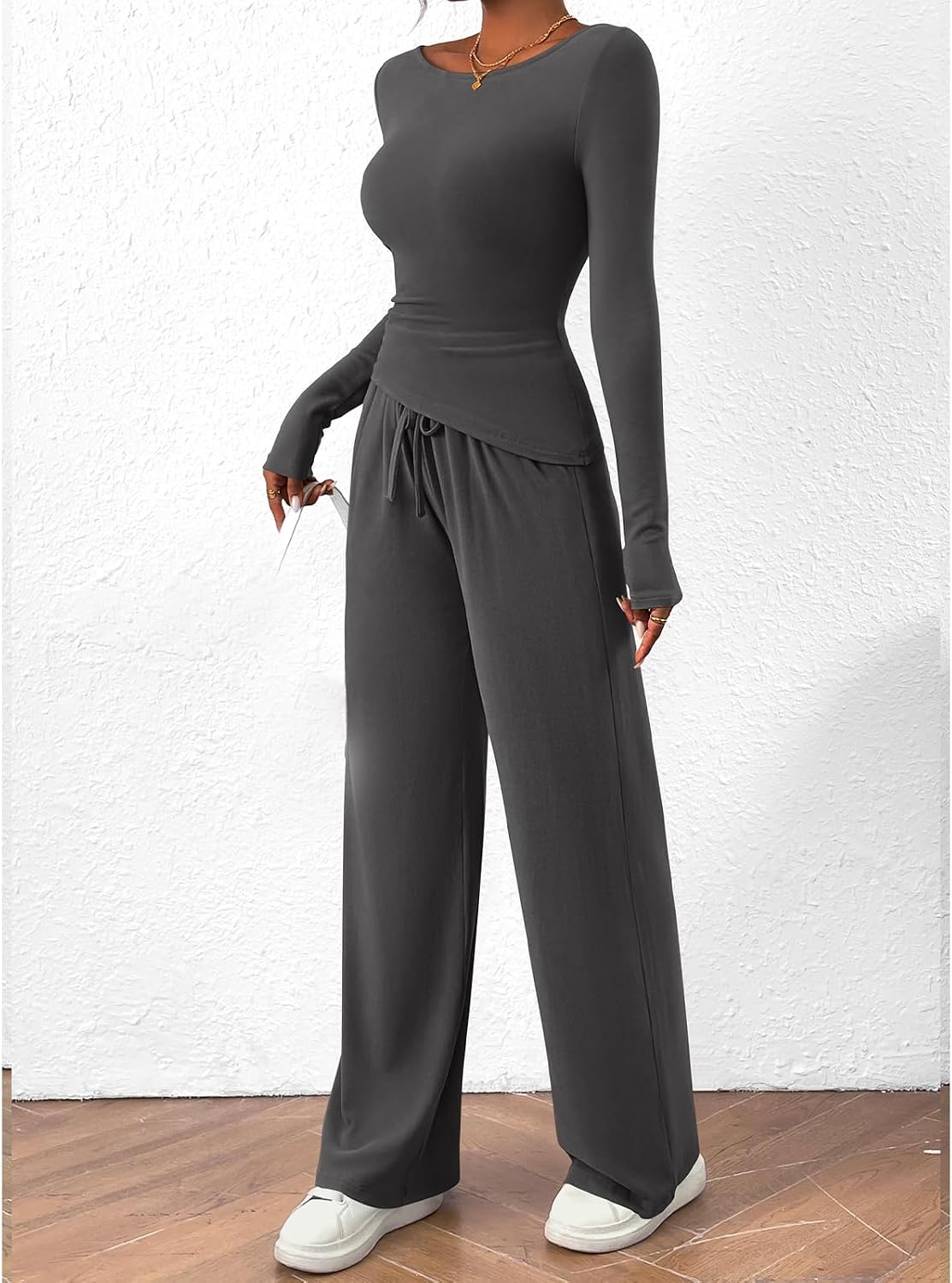 2 Piece Outfits for Women Lounge Sets Asymmetrical Long Sleeve T Shirt Wide Leg Pants Casual Outfits Tracksuit