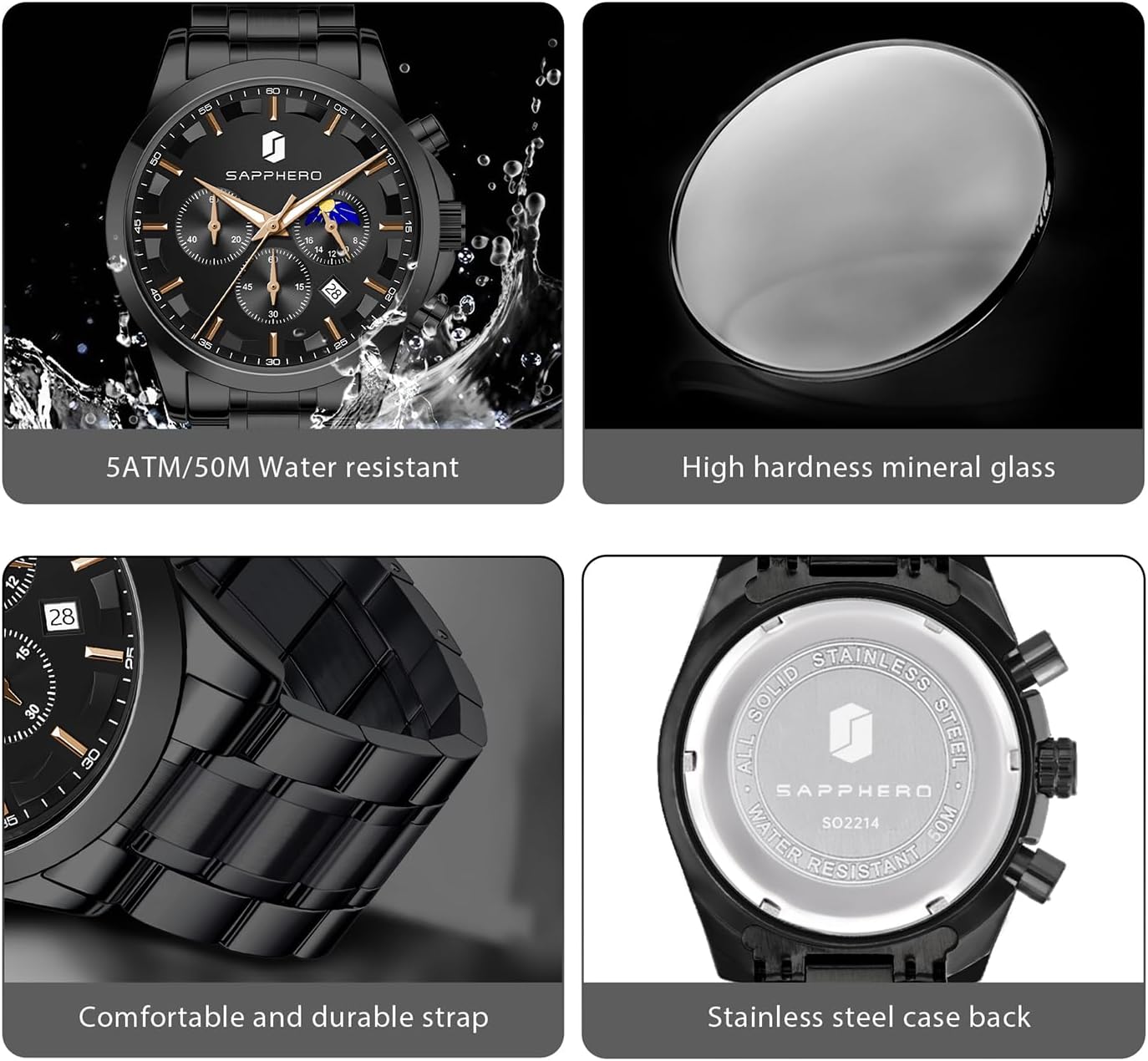 SAPPHERO Men's Watches Stainless Steel Chronograph Waterproof Quartz-Business Casual Dress Watch for Men Luminous Date Gold/Silver/Black Design-Easy-to-Read Luxury Dial-Leather Unique Elegant Gift - Image 4