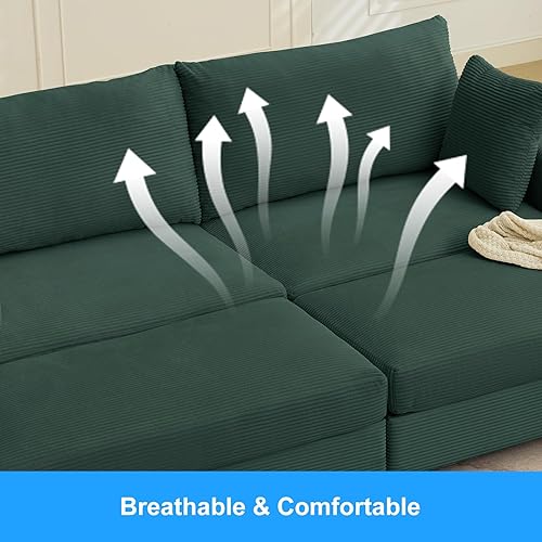 Miniatura 7 de PUREMIND Sofá convertible de 86 pulgadas de ancho con 2 otomanas, cómodo diván grande de pana con banco tapizado, sofá modular combinado con asiento