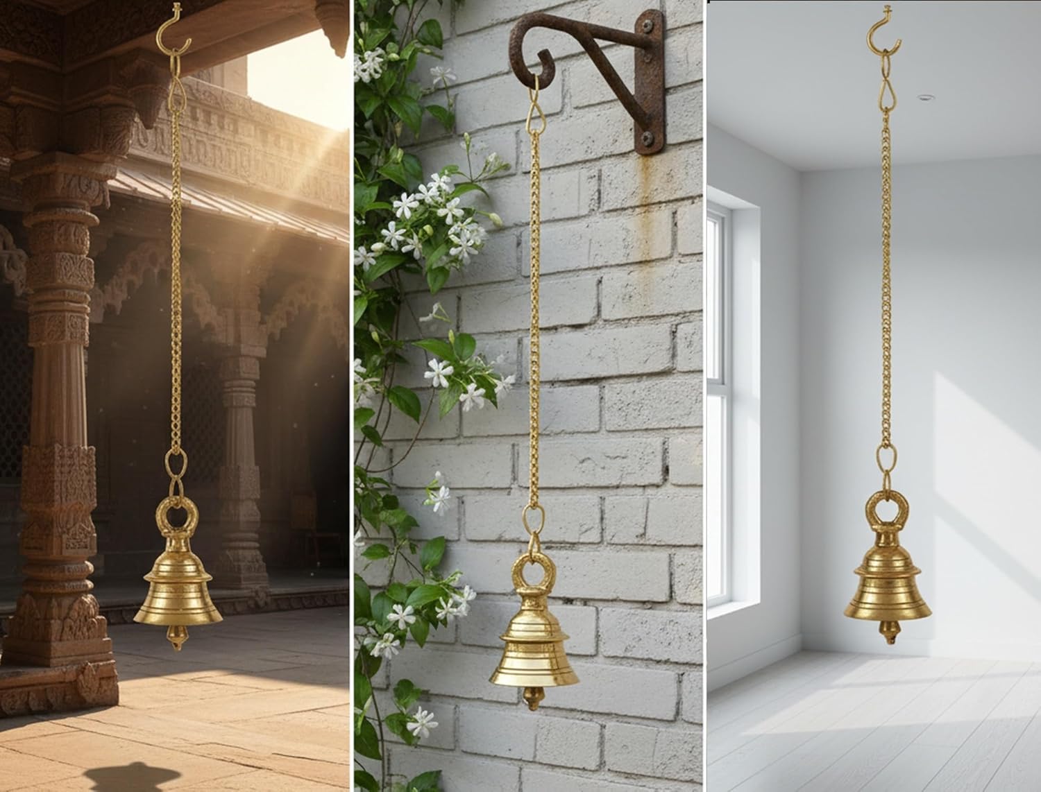 Pure Brass Hanging Bells for Temple and Home Décor – Traditional Pooja Bell for Mandir, Meditation, and Auspicious Rituals (Set of 2) (2.5 Inch(X-Small))