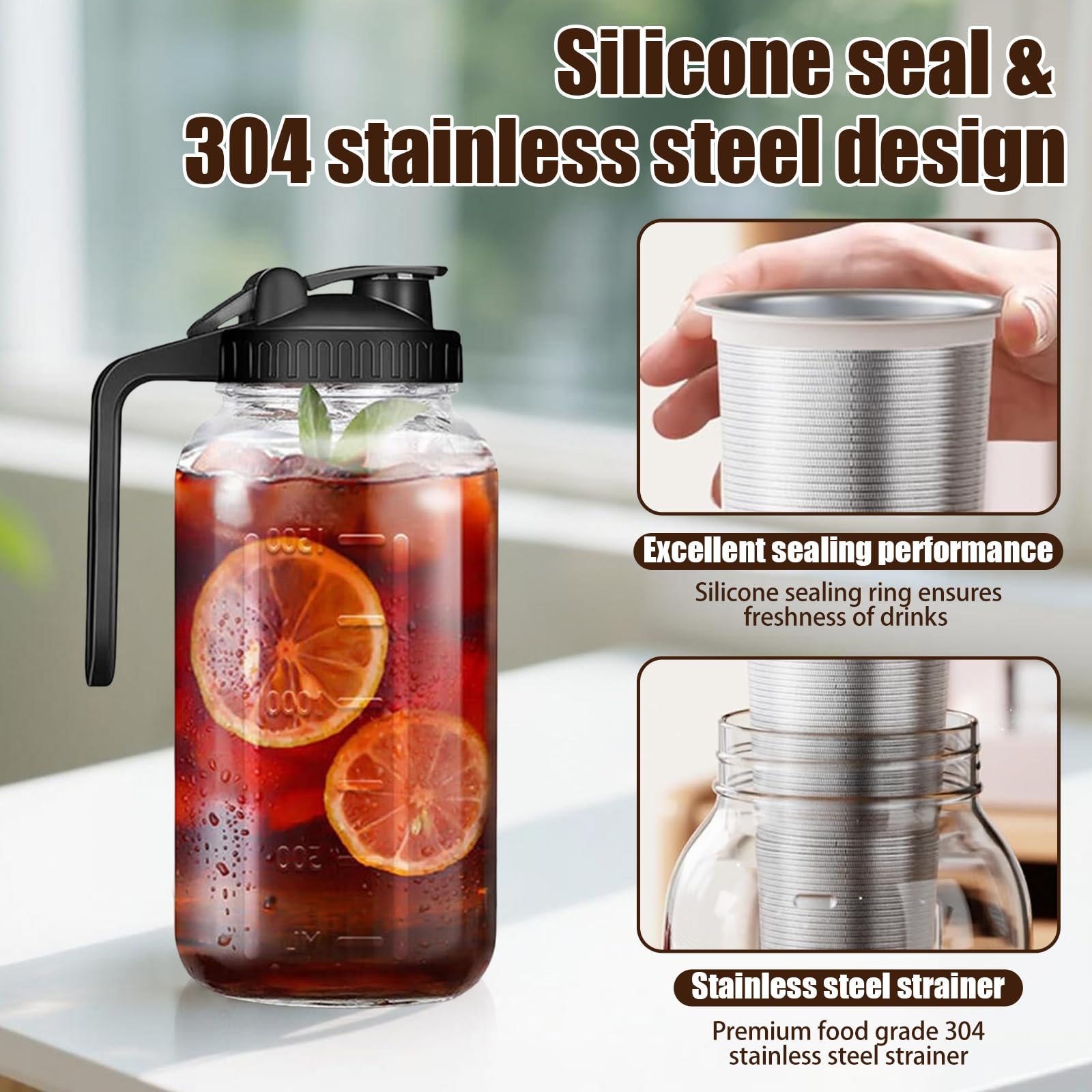 Carafe Cold Brew 2 L/60 Oz avec Couvercle et Filtre Acier Inoxydable Machine à Café Froid