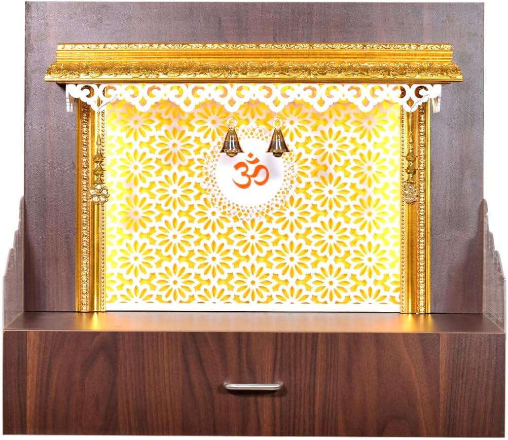 Aakrati Devyom Engineered Wood, Marine Plywood, Acrylic Solid Surfaces, LED LightingWooden Mandir for Home (Standard Size, Bronze Brick) (Brown)
