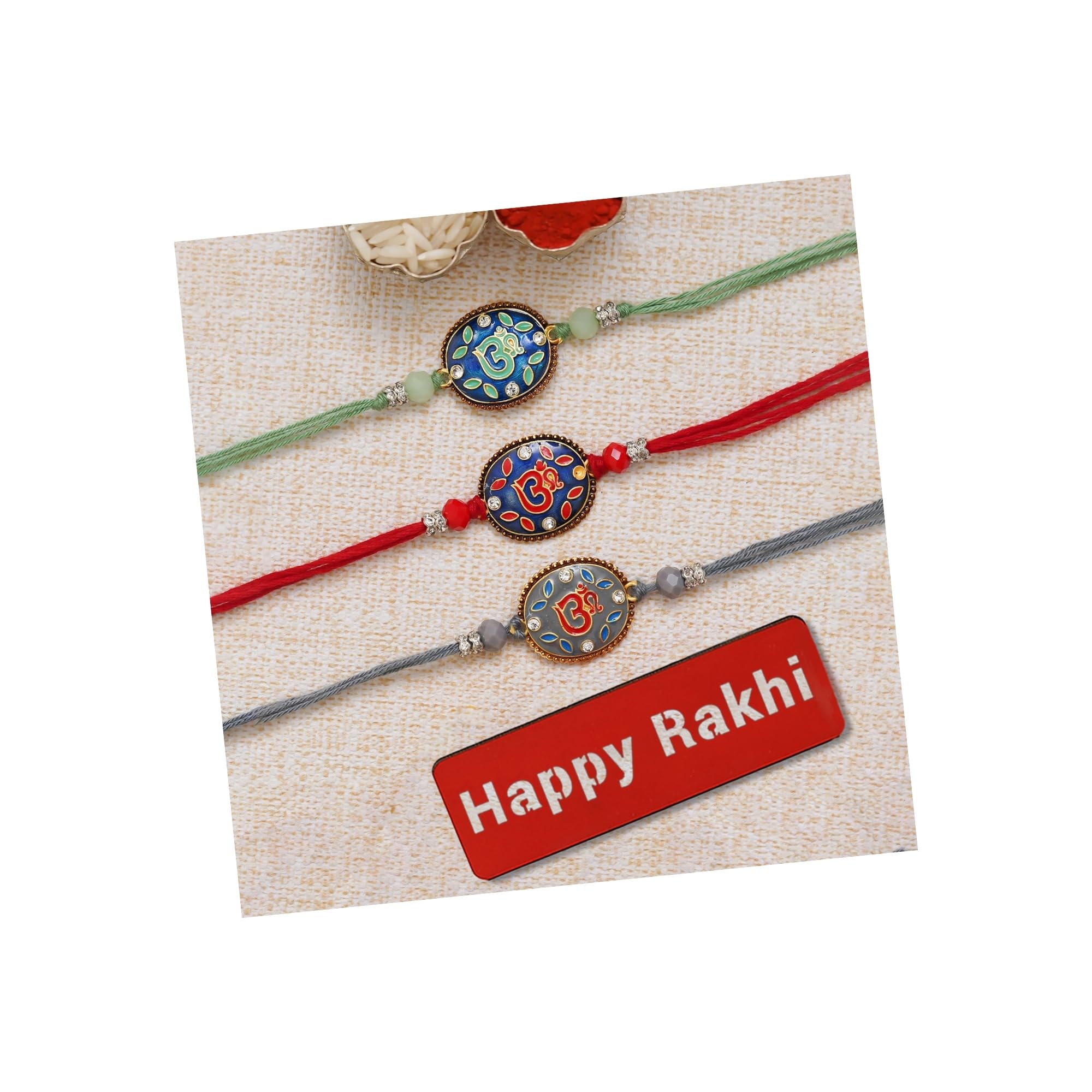 eCraftIndia Set of 3 Multicolor Semi Precious Om Religious Rakhis, Happy Rakhi Wooden Cutout with Roli Chawal Pack - Rakhi for Brother, Bhaiya, Bhai (B0D1CCMZ1W) Amazon Price History, Amazon Price Tracker
