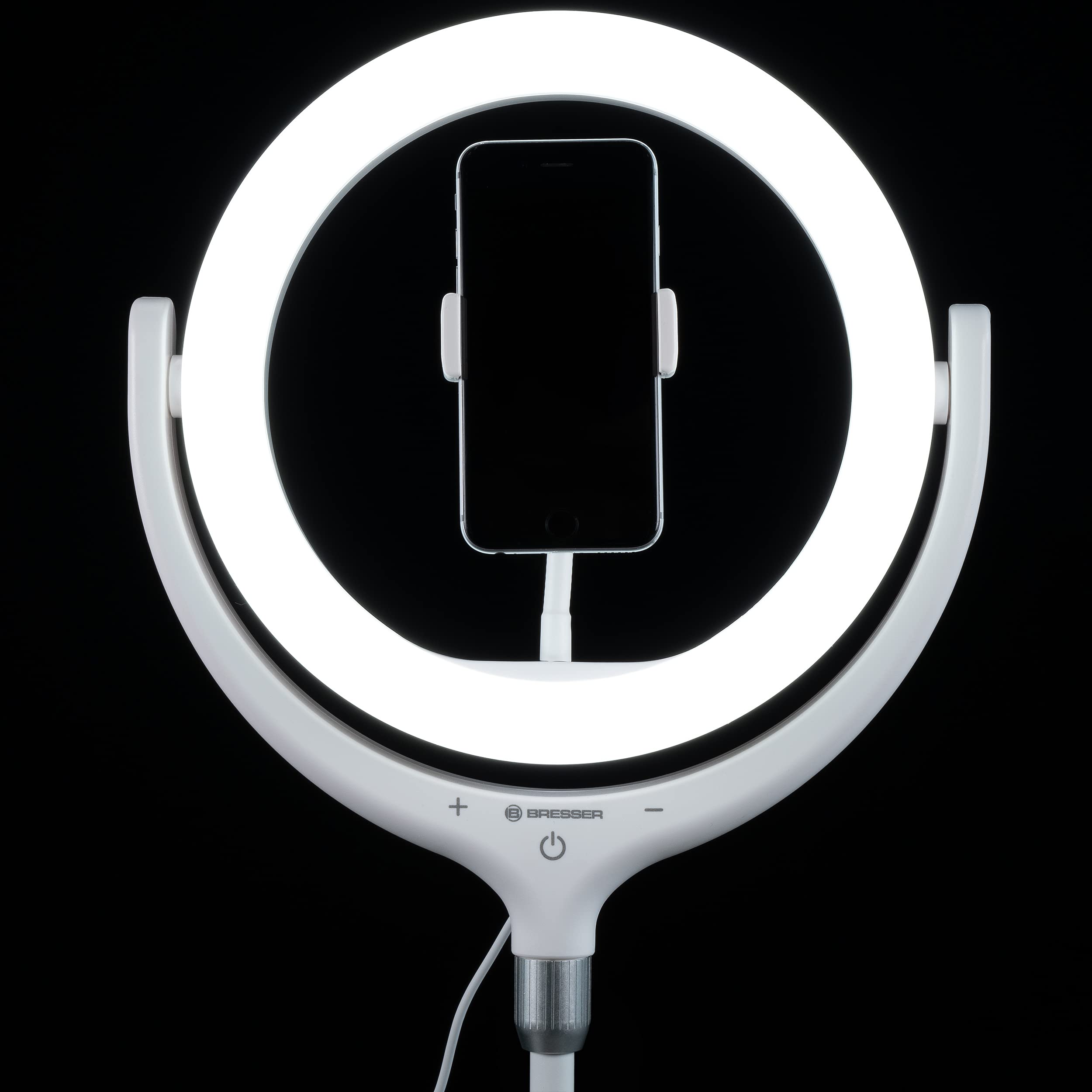 Bresser Ring Light with Tripod, Mobile Phone Holder and Dimmer for Illuminating Videos Portraits and Product Photos, White - Image 4