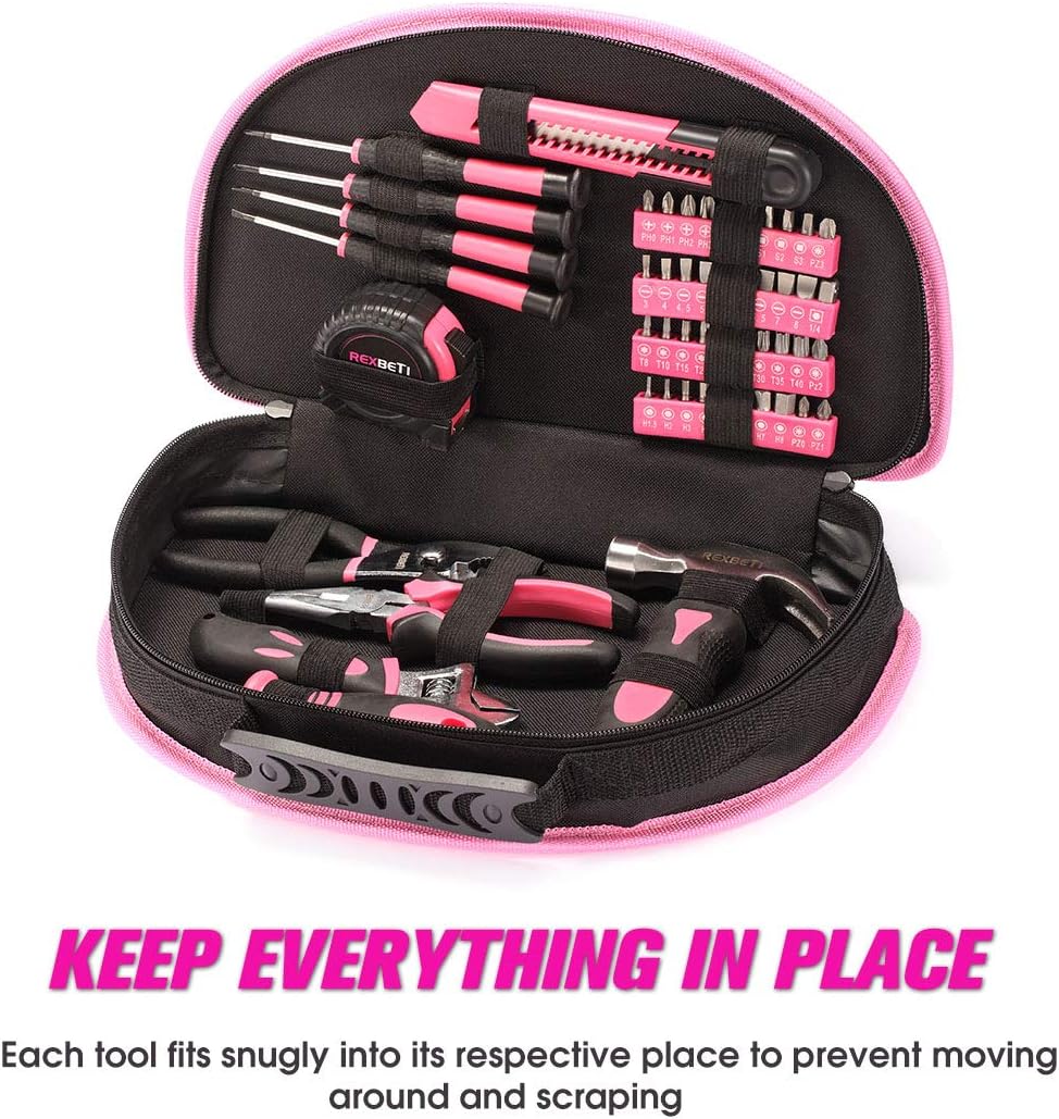 REXBETI 112-Piece Pink Tool Kit, Ladies Premium Solid and Real Hand Tool Set with Easy Carrying Round Pouch, Perfect for Household Projects, Home Maintenance and Dorm Repair