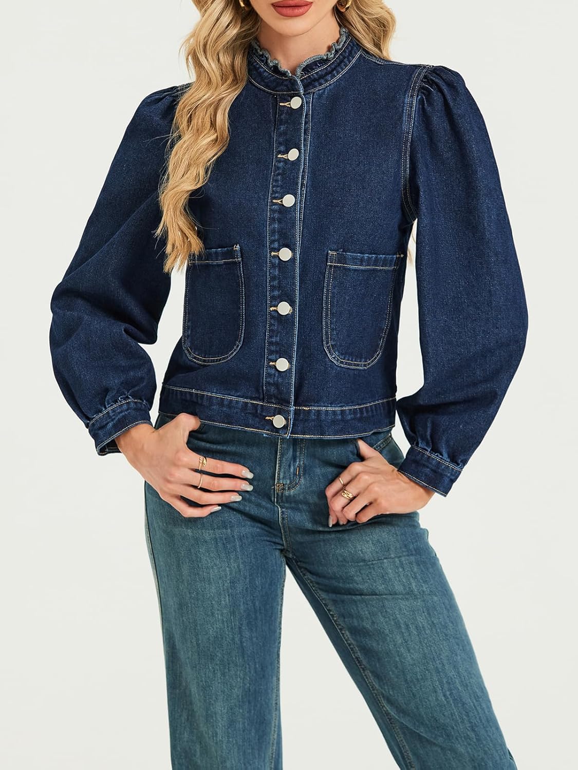 LifeShe Puff Sleeve Denim Jacket for women Ruffle Neck Jean Jacket Trendy 2025 Fall boyfriend Shacket - Image 5