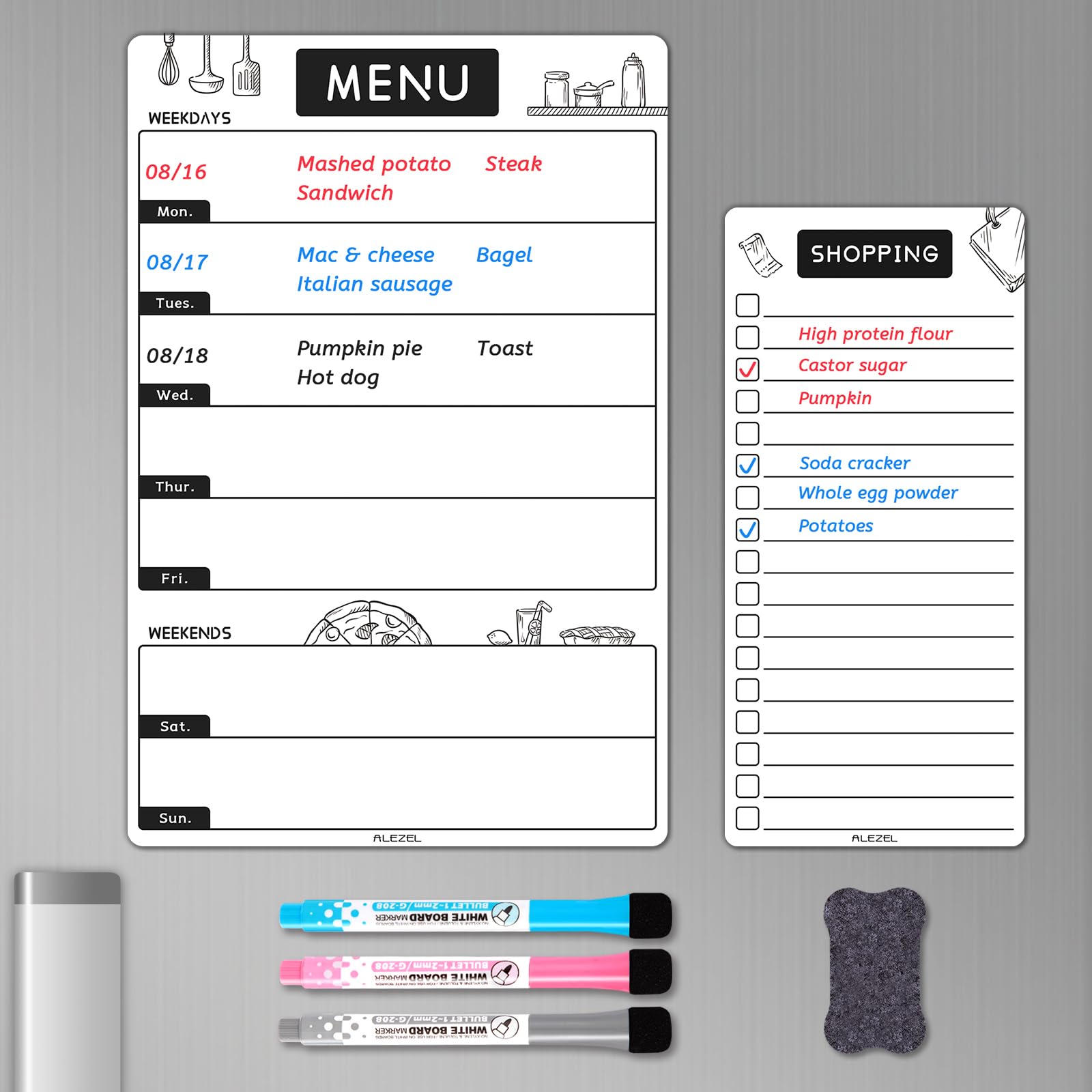 Magnetic Dry Erase Menu Board for Fridge, Weekly Meal Planner Whiteboard Set for Kitchen Refrigerator - Includes 1 Grocery List, 3 Markers + Eraser