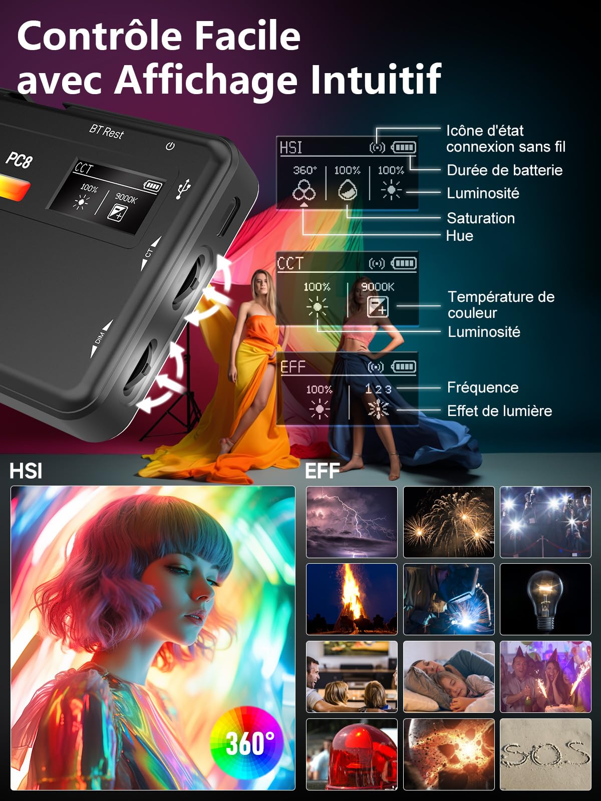 Lumiere Video, Moman PC8 RGB Panneau LED Apparreil Photo Portable 125g avec Batterie Rechargeable pour Photographie Streaming en Direct Enregistrement Youtube, Eclairage-Camera-Panneau-Lampe-Photo