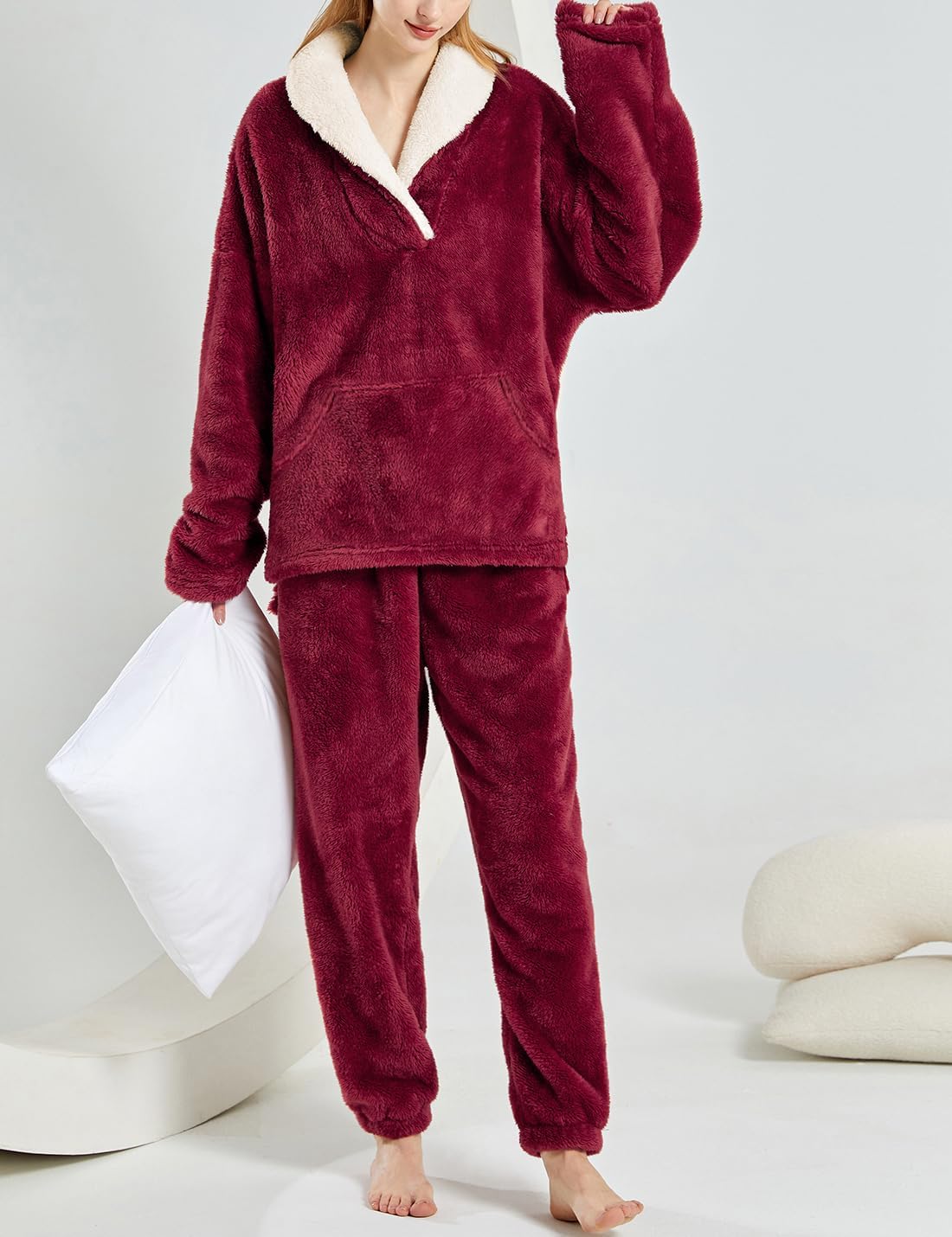 Womens 2 Piece Fluffy Pajama Lounge Set Loose Pullover Pants Sleepwear with Pockets - Image 4