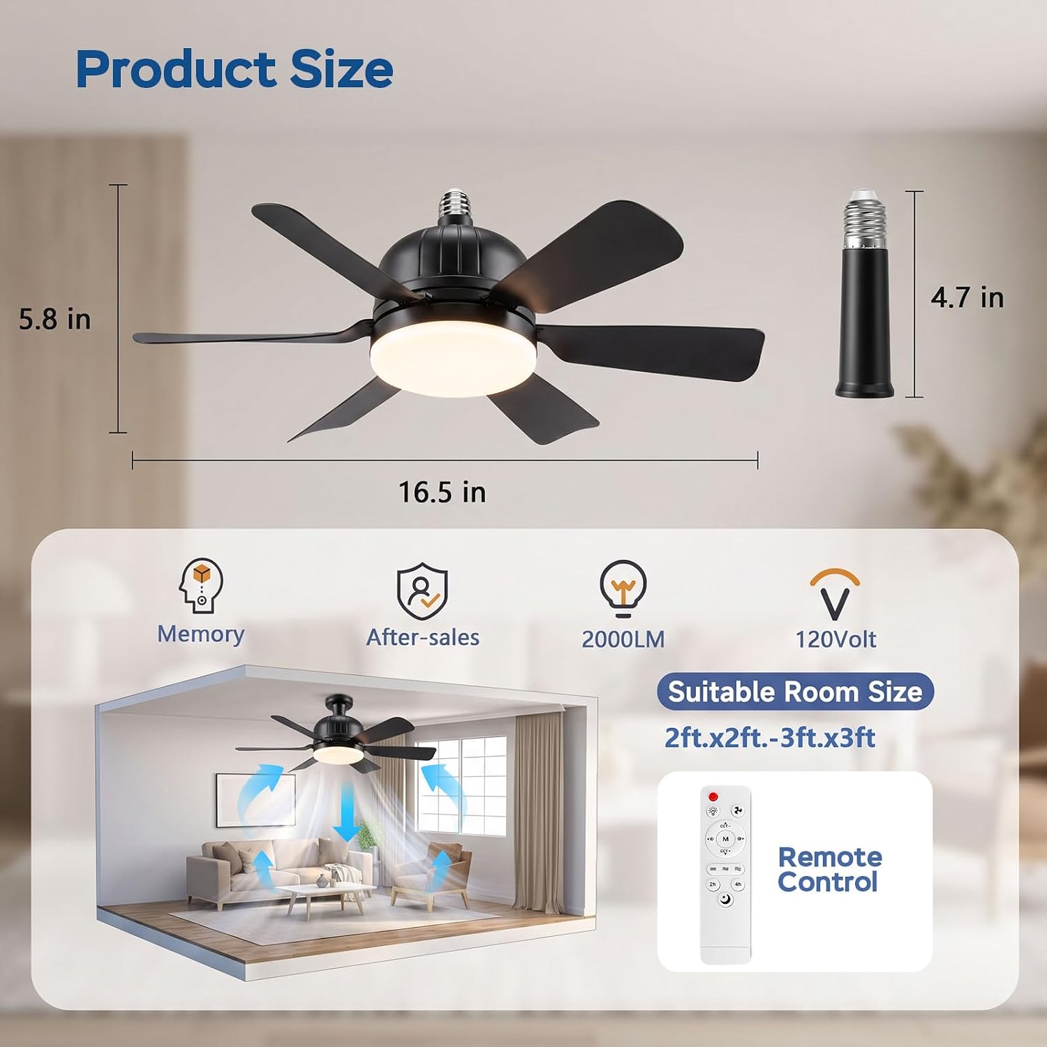 Socket Fan with Light Remote Control E26 | Small Portable 1000 LM Flush Mount Dimmer Ceiling Fans for Bedroom, Kitchen, Living Room Function (Black)