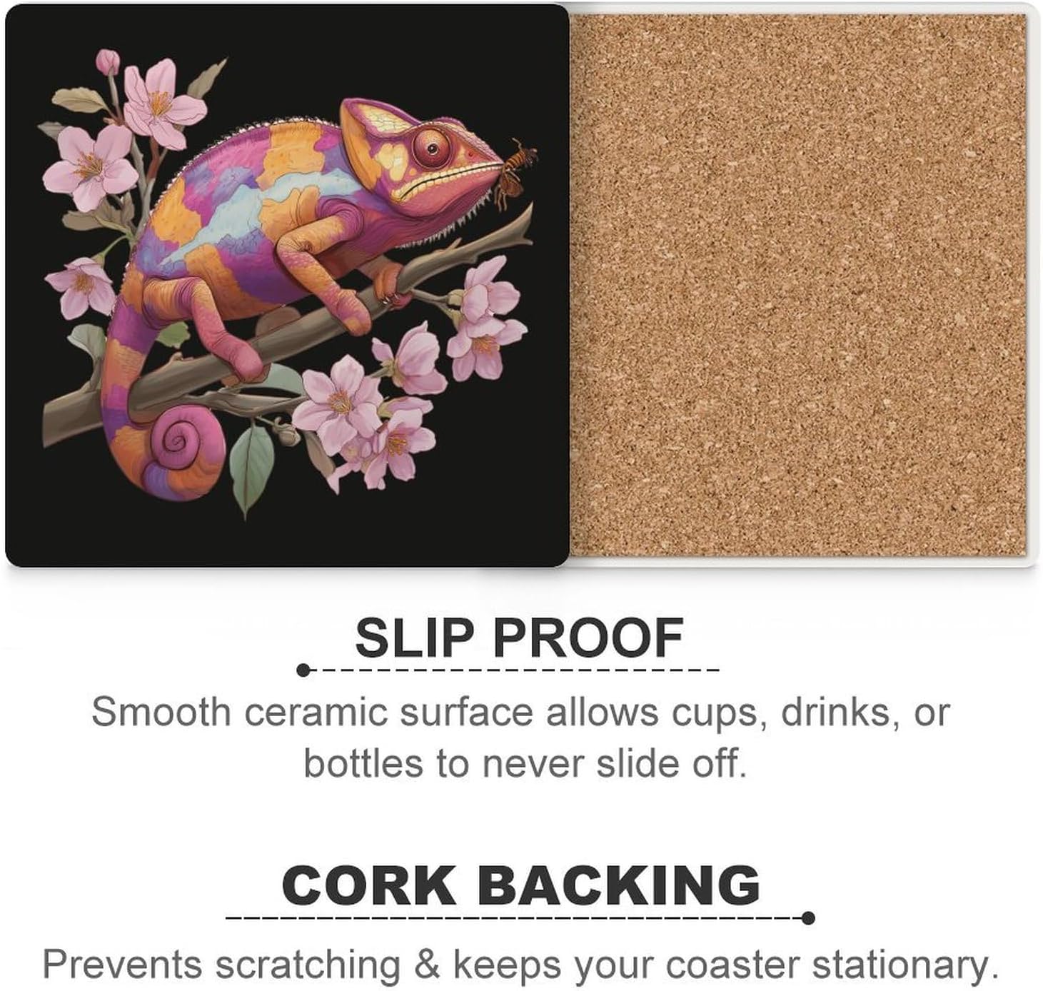 Chameleon Print Coaster for Drinks Square Ceramic Table Coasters Stone Mat Crafts 4PCS Home Kitchen Decor