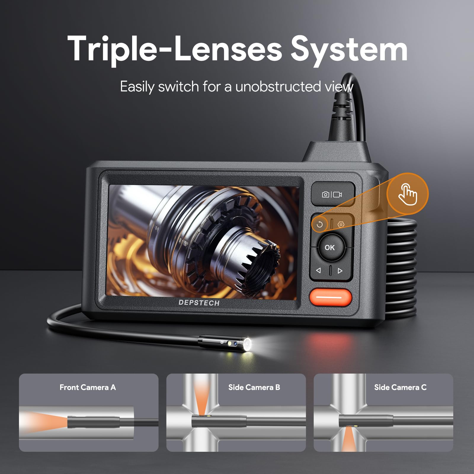 Endoscope DEPSTECH à Triple Lentille, Écran 5 Pouces, Câble Rigide 5 Mètres, Certification IP67, Camera Endoscopique Canalisation, Idéal pour l'Inspection Automobile, des Murs et des Conduits | Image nette 3 angles, 10 LED réglage, câble 5 m, avec crochet
