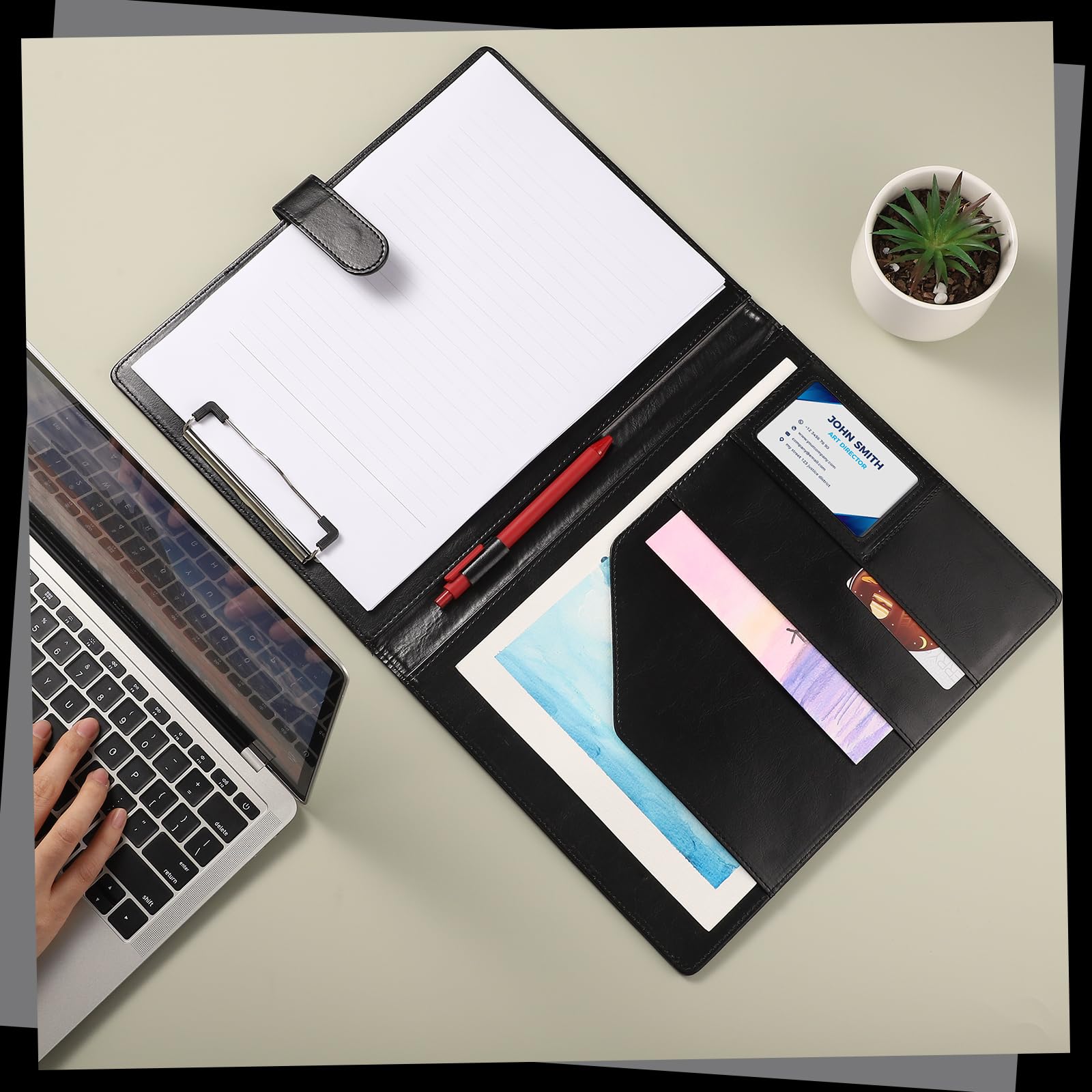 Porte-bloc A4 avec couvercle, en cuir synthétique, porte-bloc-notes, porte-documents, porte-stylo, fermeture magnétique, conférencier A4, pour fournitures de bureau, école, noir
