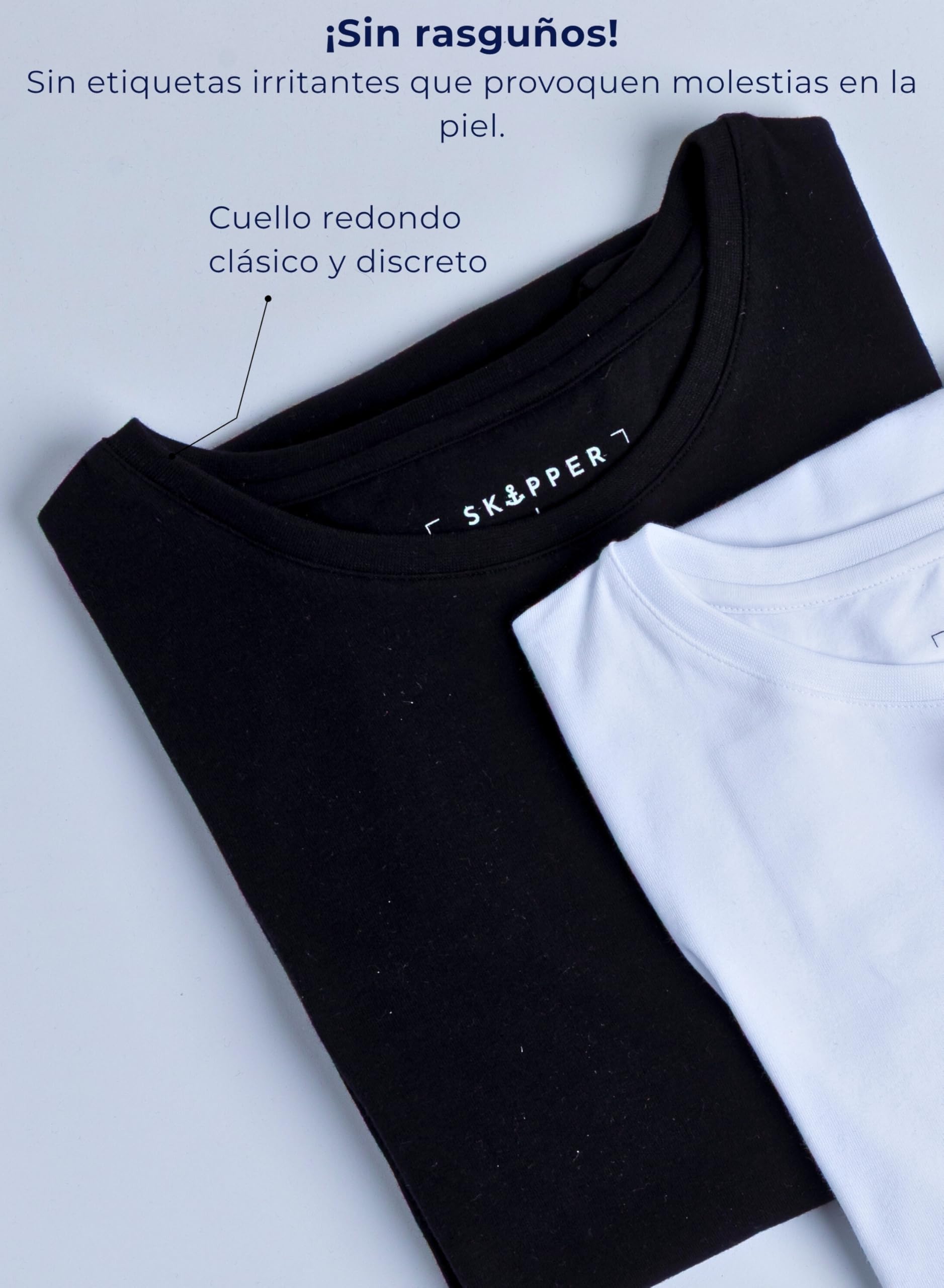 SKIPPER Pack de 3 Camisetas Hombre Stretch Cuello Redondo – Camisetas Interiores Slim Fit de Algodón Elástico, Transpirables y Cómodas, Blanco Negro Beige y Pack Mixto, S–3XL