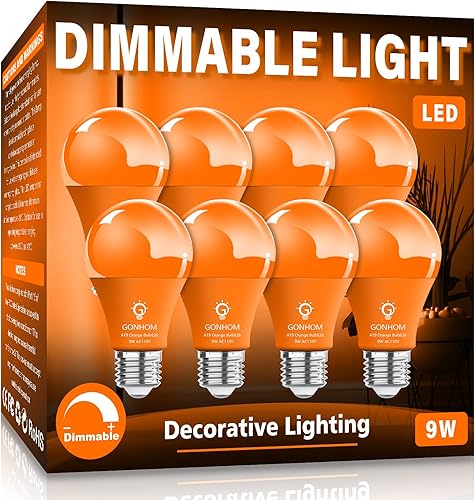 Paquete de 8 bombillas LED naranja A19, 9 W equivalentes a 100 W, bombillas de color naranja, base E26 para bombillas de Halloween, día de Acción de