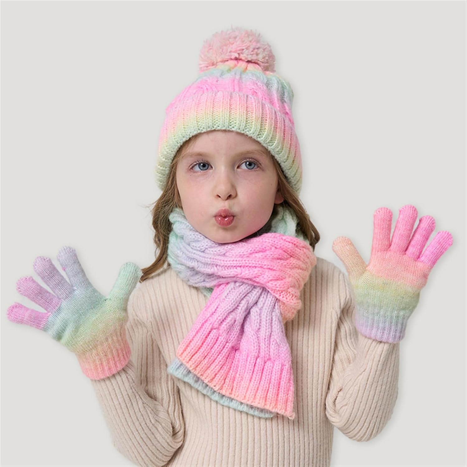 SK Studio Kids Winter Hat Gloves Scarf Set, Girls Toddler Beanie with Pom Knit Neck Warmer Gloves Fleece Lined Set, Light Blue