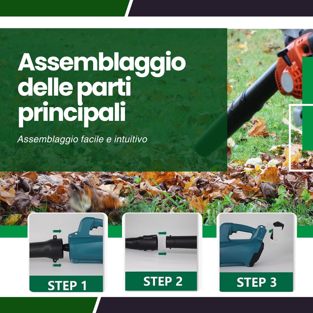 Soffiatore a Batteria per Giardino con 2 Batterie 4.0Ah, Soffiatore Elettrico Potente, Soffiafoglie a 6 Velocità Regolabili, Leggero e Portatile per Foglie, Erba, Cortile, Patio e Pulizia Esterni.