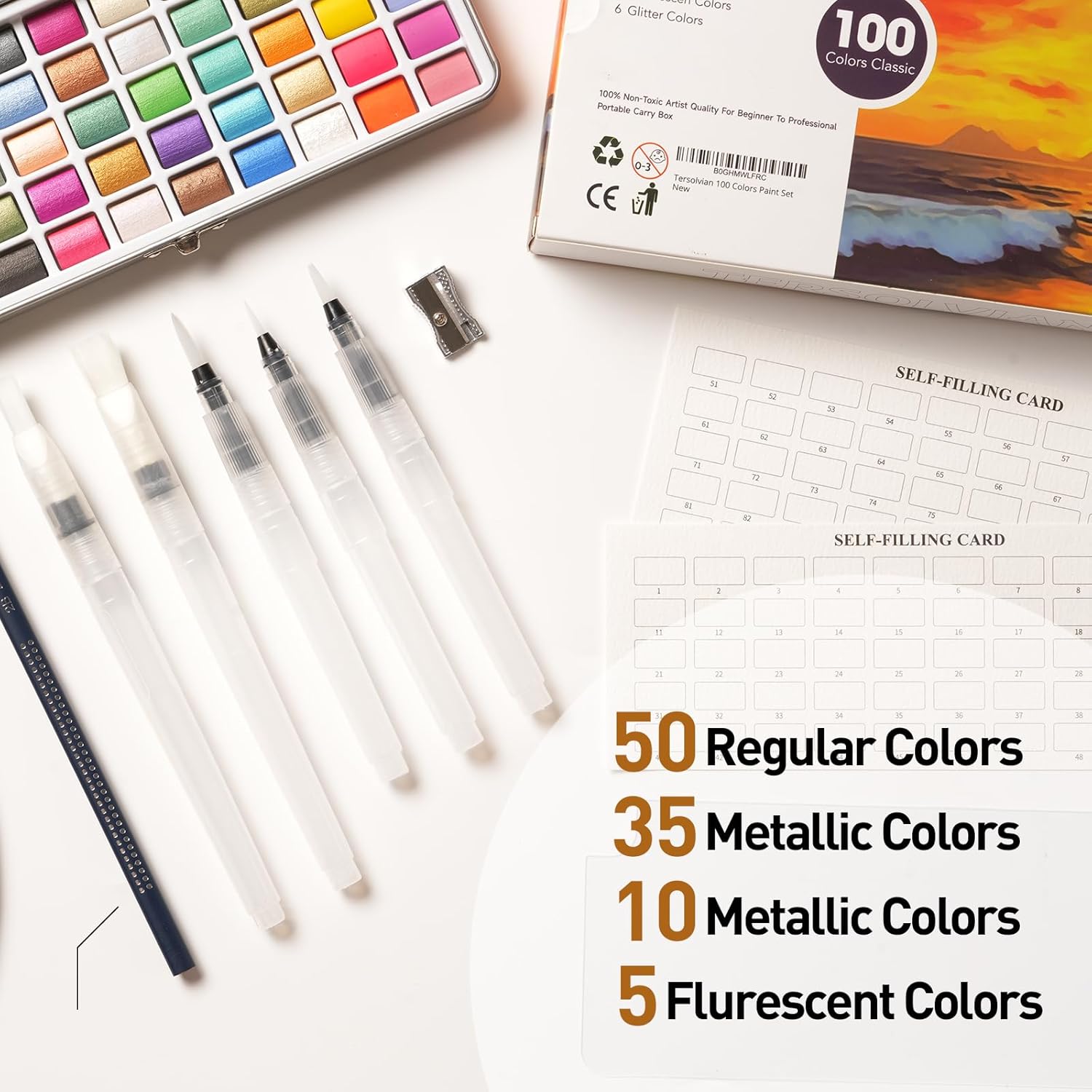 TERSOLVIAN 100 Colors Watercolor Paint Set - 50 Regular, 35 Metallic, 10 Macaron and 5 Fluorescent Colors - Portable with Carrying Case, Water Brush Pens Accessories for Beginners to Professionals