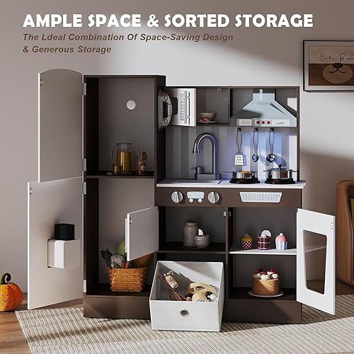 Miniatura 9 de JOYDIAS - Juego de cocina para niños, juego de cocina de madera con sonido y luz, horno, máquina de hielo, pizarra y caja de almacenamiento de