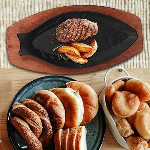 Miniatura 2 de Angoily Sartenes de hierro fundido, plato chisporroteador, sartén pequeña para pescado con base de madera para restaurante, cocina, parrilla,