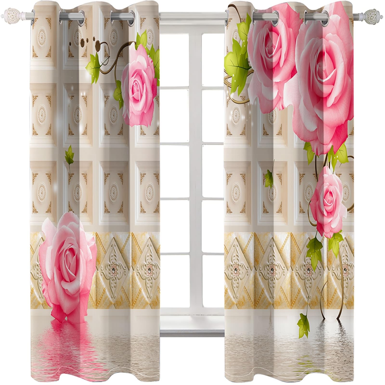 Zasłony zaciemniające do pokoju, różowe zasłony zaciemniające, 96, kwiaty róży, zasłony poliestrowe, 2 panele 107 x 244 cm (szer. x wys.)