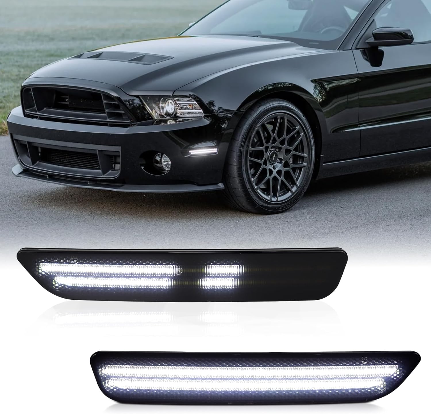 Dynamic Front Side Marker Lights Compatible With 2010-2014 Ford Mustang Assembly, Side Bumper Marker Reflectors Lamp, Dual Rows Driver & Passenger Side Bumper White Lights, Smoked Lens 2PCS