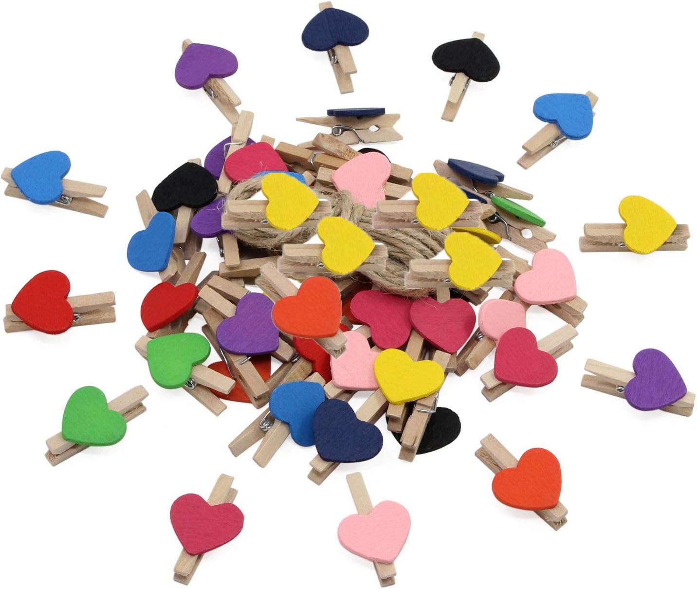 Colored Wood Pegs for Photos Clothespins Mini Clip for Paper Craft DIY with 5 Meter Jute Twine