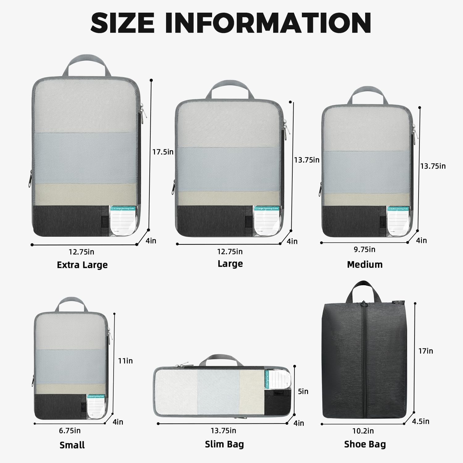 6 Set Lightweight Compression Packing Cubes with Packing List, Anti-Tearing Expandable Organizer Bags for Travel, (Dark Grey)