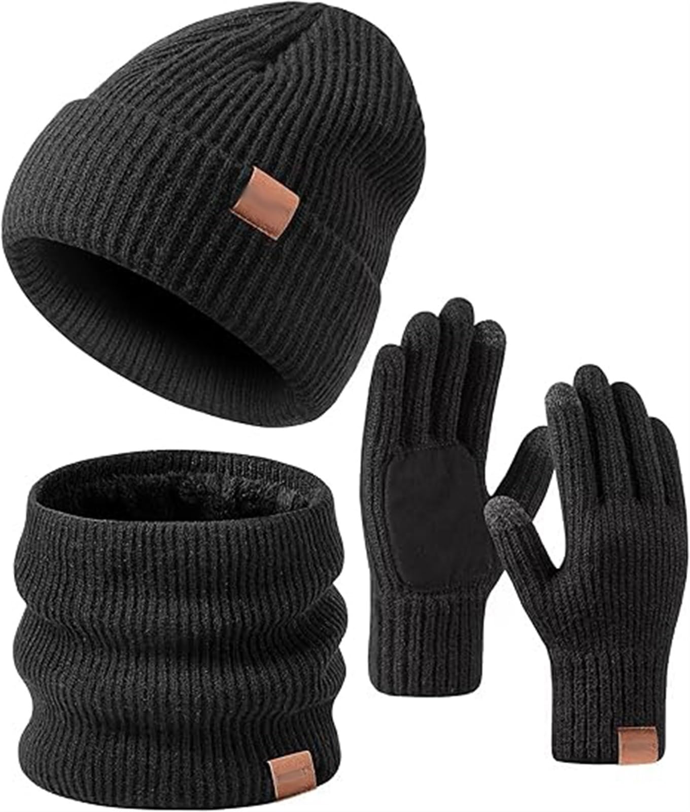 THE WHITE SHOPWinter Beanie Hat Scarf Touchscreen Gloves Set for Men and Women, Beanie Gloves Neck Warmer Set with Warm Knit Fleece Lined