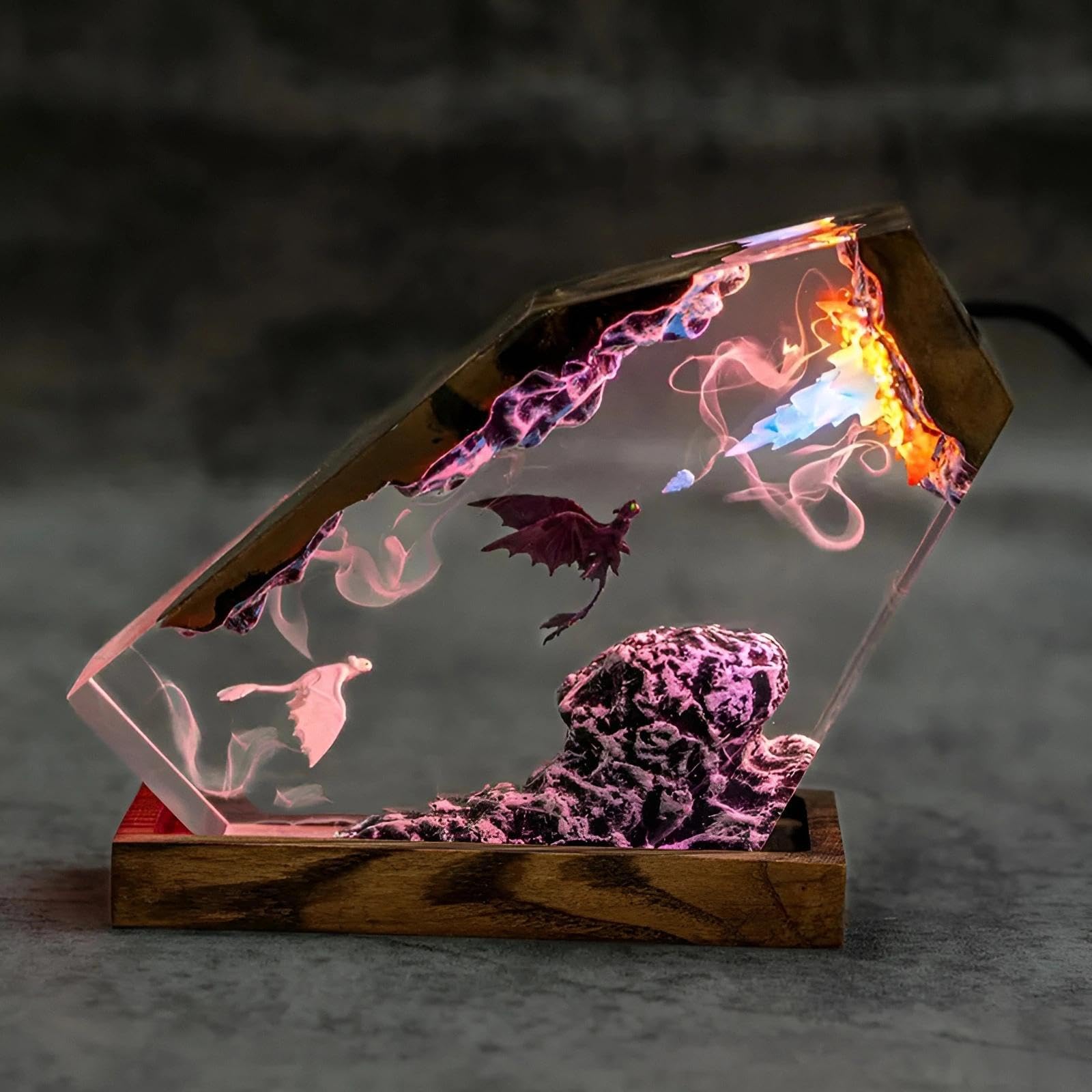 Luz nocturna de resina epoxi 3D,Actualización de estatua de dinosaurio Artículos de película Adornos con base de madera,Lámpara de noche con cable USB y lámpara nocturna multicolor remota de 16