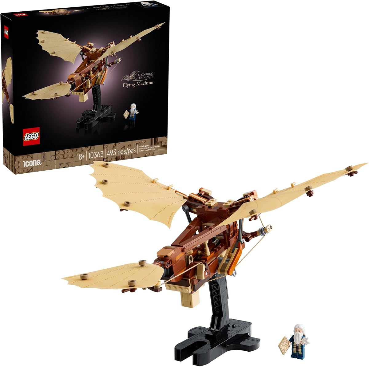 Icons Leonardo da Vinci's Flying Machine DIY Kit - Ornithopter Building Set for Adults, Ages 18+ - Craft for Home or Office Decor with Display Stand - Gift Idea - 10363
