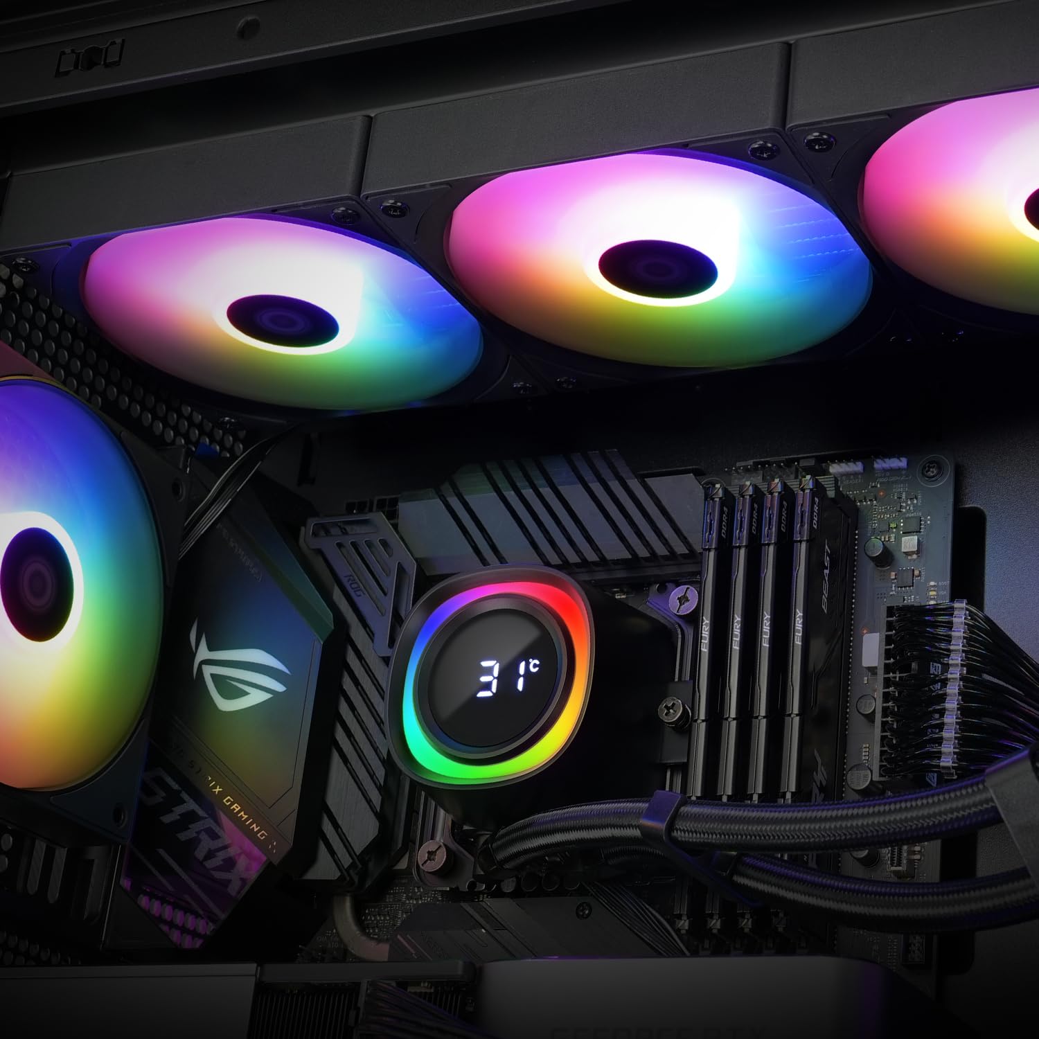 ID-COOLING FX360 TD installed in a PC, showing the pump's temperature display and illuminated fans.