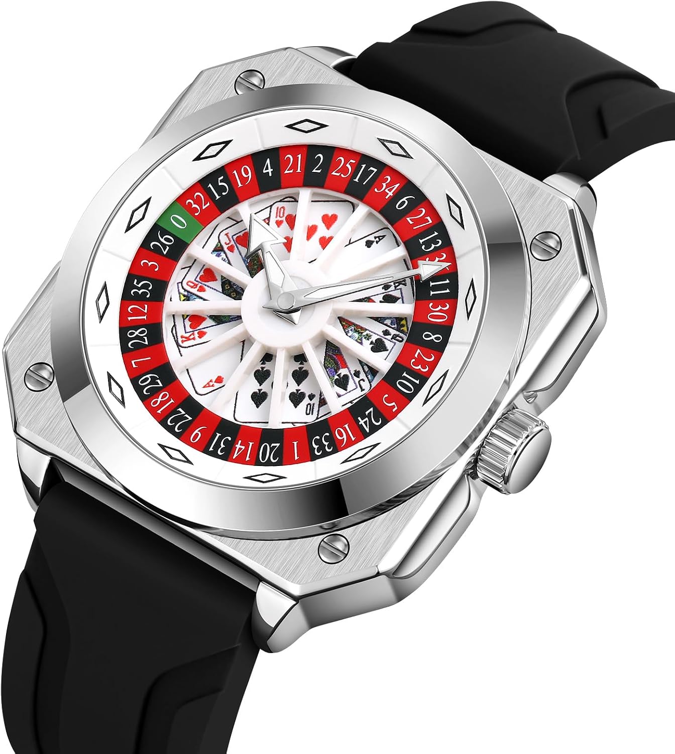 Gosasa Fashion Men's Poker Roulette Watch Creative Rotating Playing Card Dial Waterproof Casual Quartz Wrist Watch with Silicone Strap for Casino Lover
