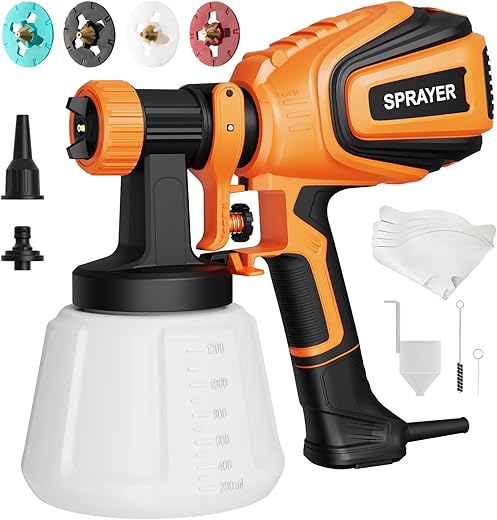 Paint Sprayer, 700W HVLP Spray Gun with Cleaning & Blowing Joints, 4 Nozzles and 3 Patterns, Easy to Clean, for Furniture, Cabinets, Fence, Walls,…