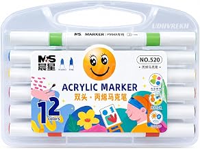12 Pcs Dual-tip Acrylic Markers Set With Brush & Fine Tips Non-toxic Art Supplies For Kids Adults With Carry Case Acrylic Paint Pens For Canvas, Rock, Wood, Plastic, Glass, Ceramic