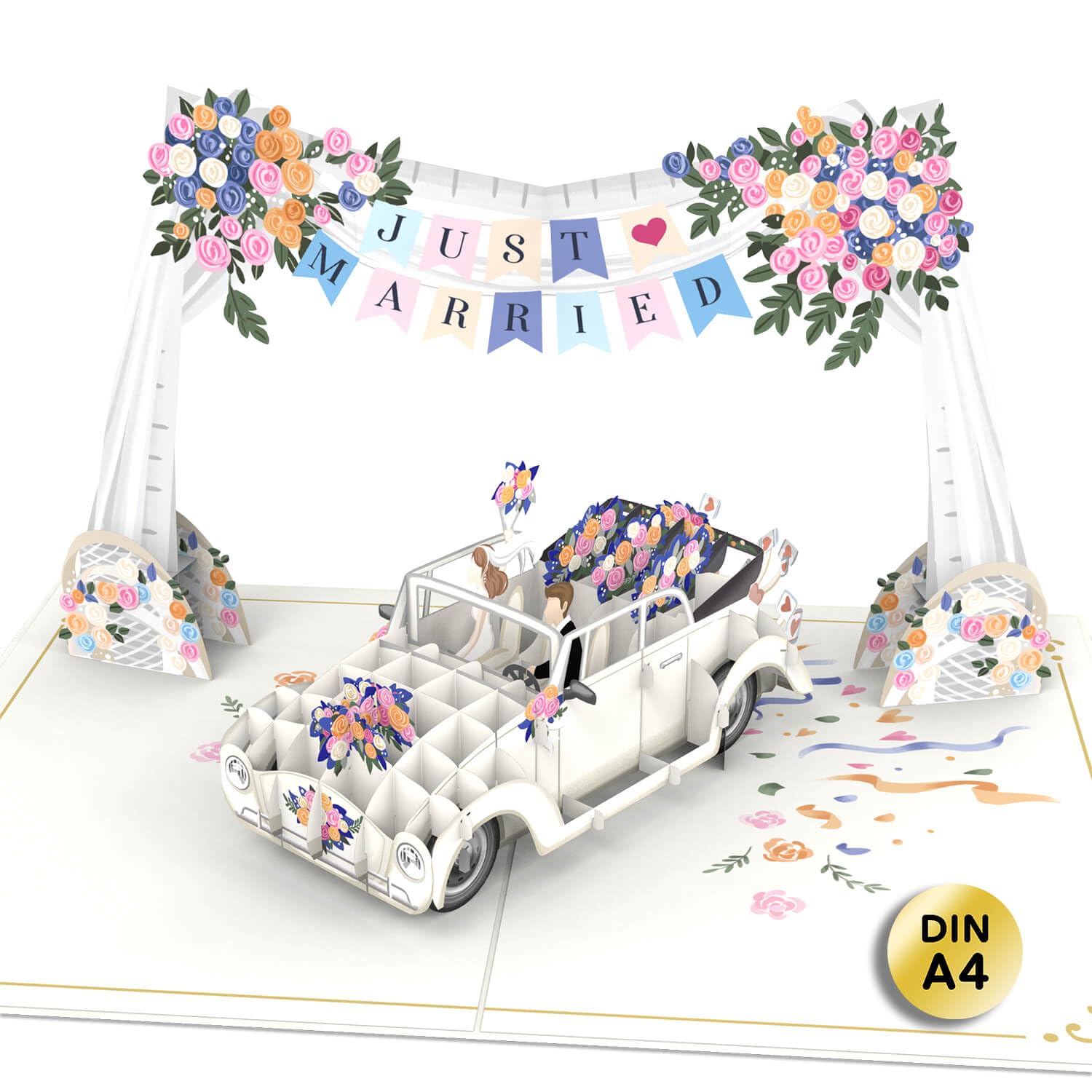 papercrush Pop-Up Card XXL Wedding Car with Garland, 3D Wedding Card