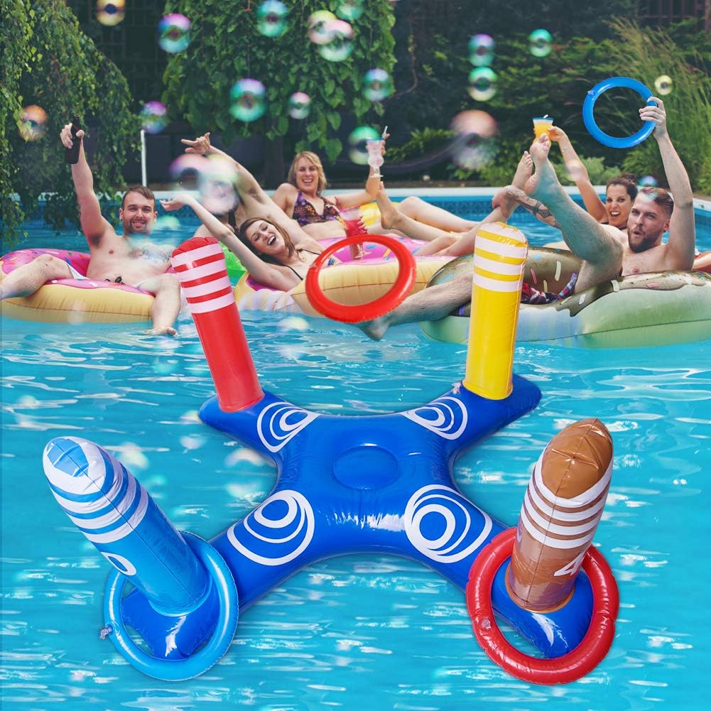 Inflatable Ring Toss Pool Game Toys with 4 Pcs Floating Swimming Pool Ring for Multiplayer Water Pool Game Outdoor Kid Family Pool Toys and Water Fun Floats Play Game Beach Party for Adults