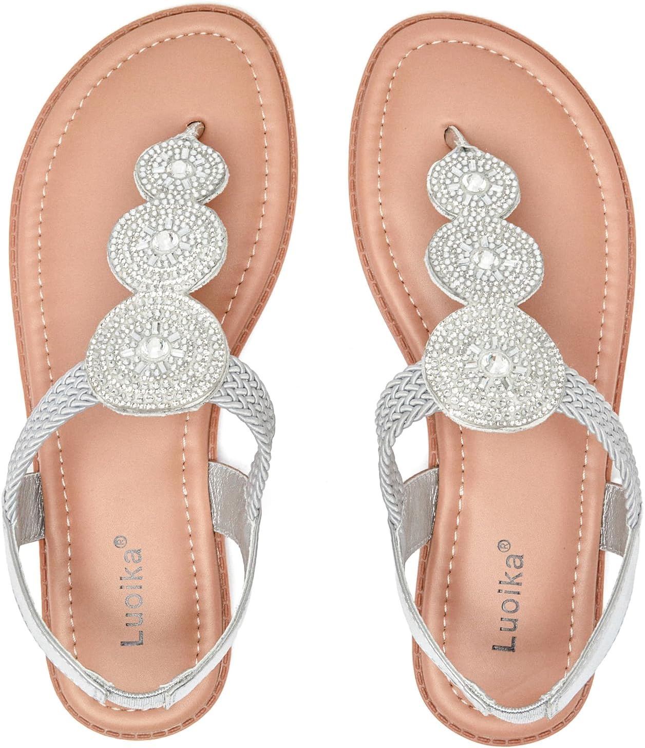 Luoika Women's Wide Width Flat Sandals, Flip Flop Thong Sandals Strappy Rhinestone Comfortable Summer Beach Shoes for Women.