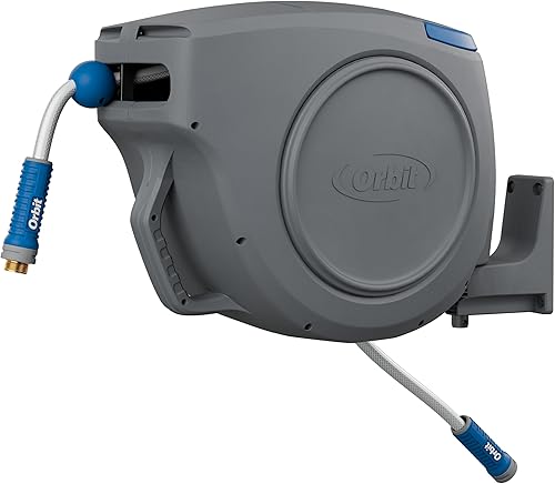 Orbit Carrete de manguera de jardín retráctil automático, 100 pies x 58 pulgadas, resistente, montaje giratorio de 180, resistencia a la explosión