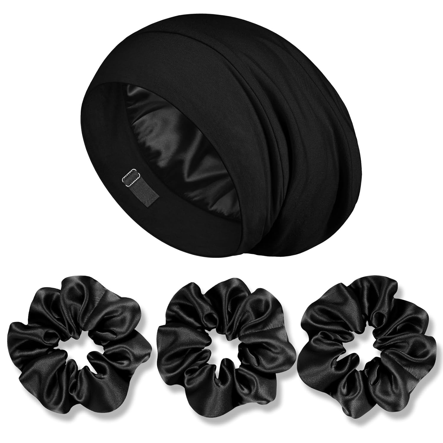 LULUSILK 100% Mulberry Silk Bonnet for Women and Men and Silk Scrunchies Set, Black Silk Sleep Cap and Silk Hair Ties