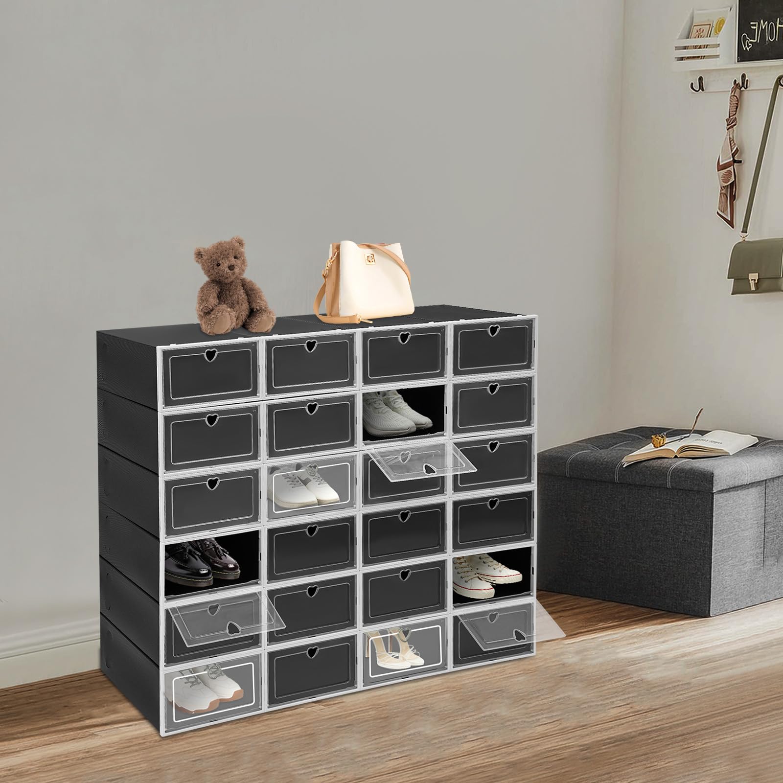 24 scatole per scarpe impilabili, trasparenti, per scarpe con coperchio, in plastica, per uomo/donna (a forma di cuore nero)